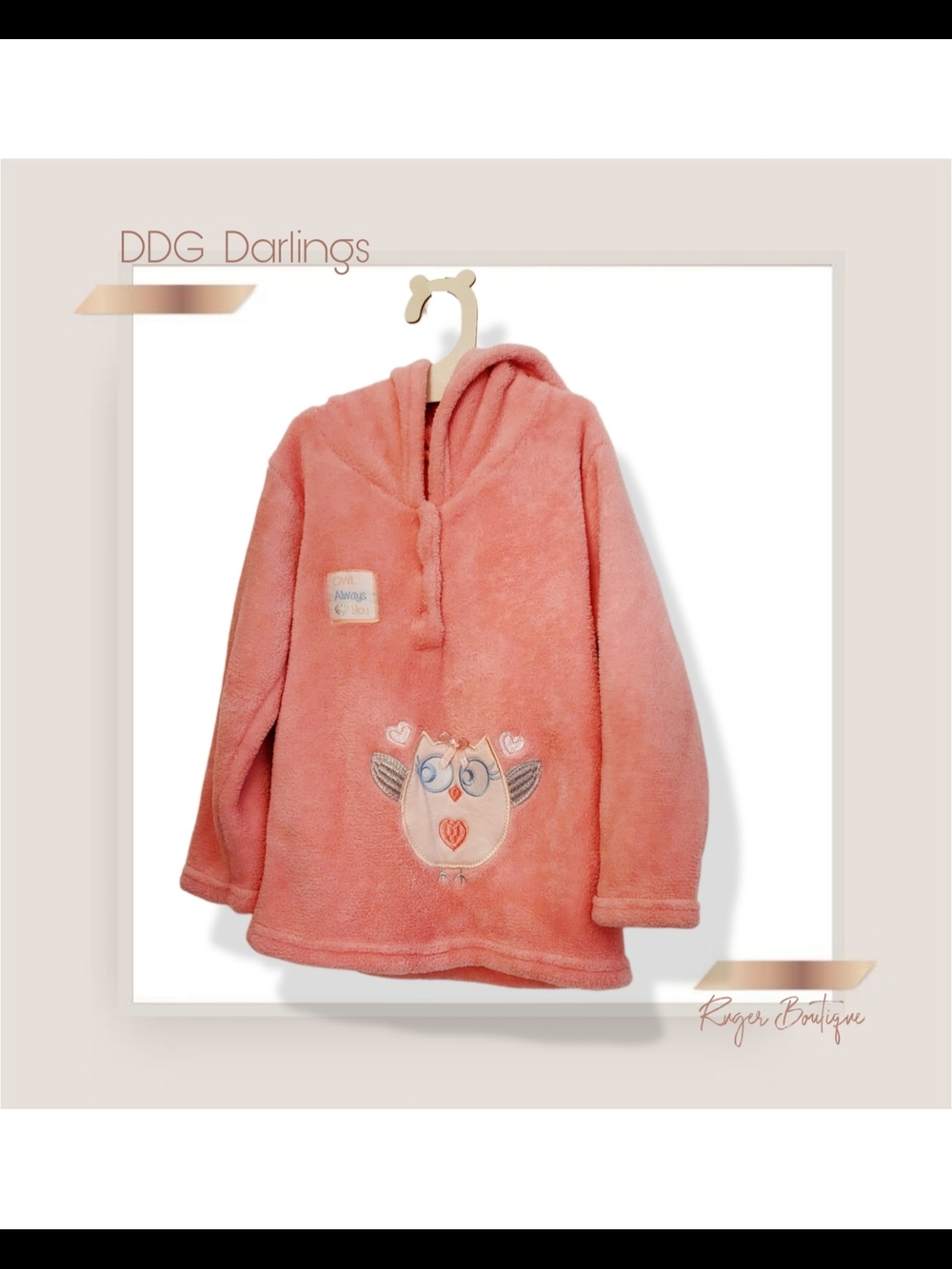 🌿DDG Darlings Girls 4T Pink Coral Fleece Hooded Owl Tunic Pullover Sweater - Picture 3 of 10